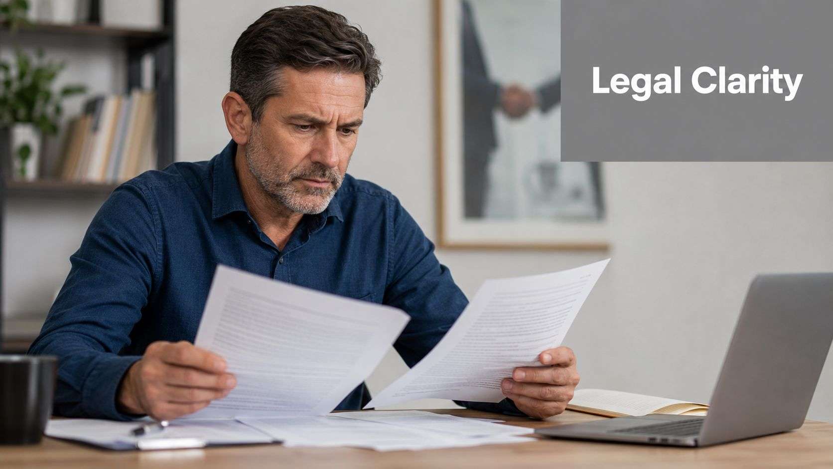 A professional man reviewing legal documents while sitting at his desk in an office environment.