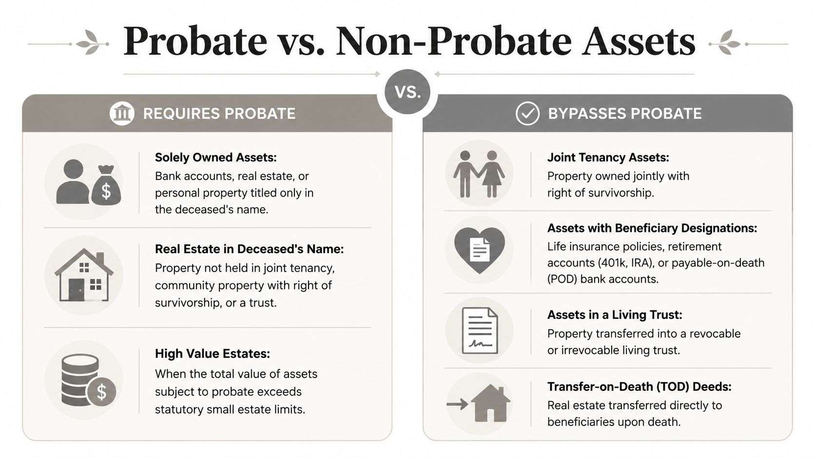 A comparison chart showing which assets require probate versus those that bypass the probate court process.