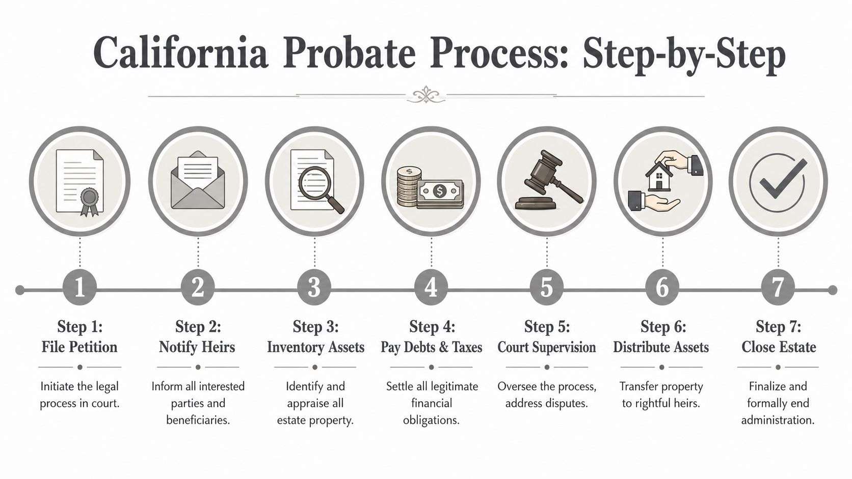 A seven-step visual guide outlining the California probate process for estate administration from filing to closing.