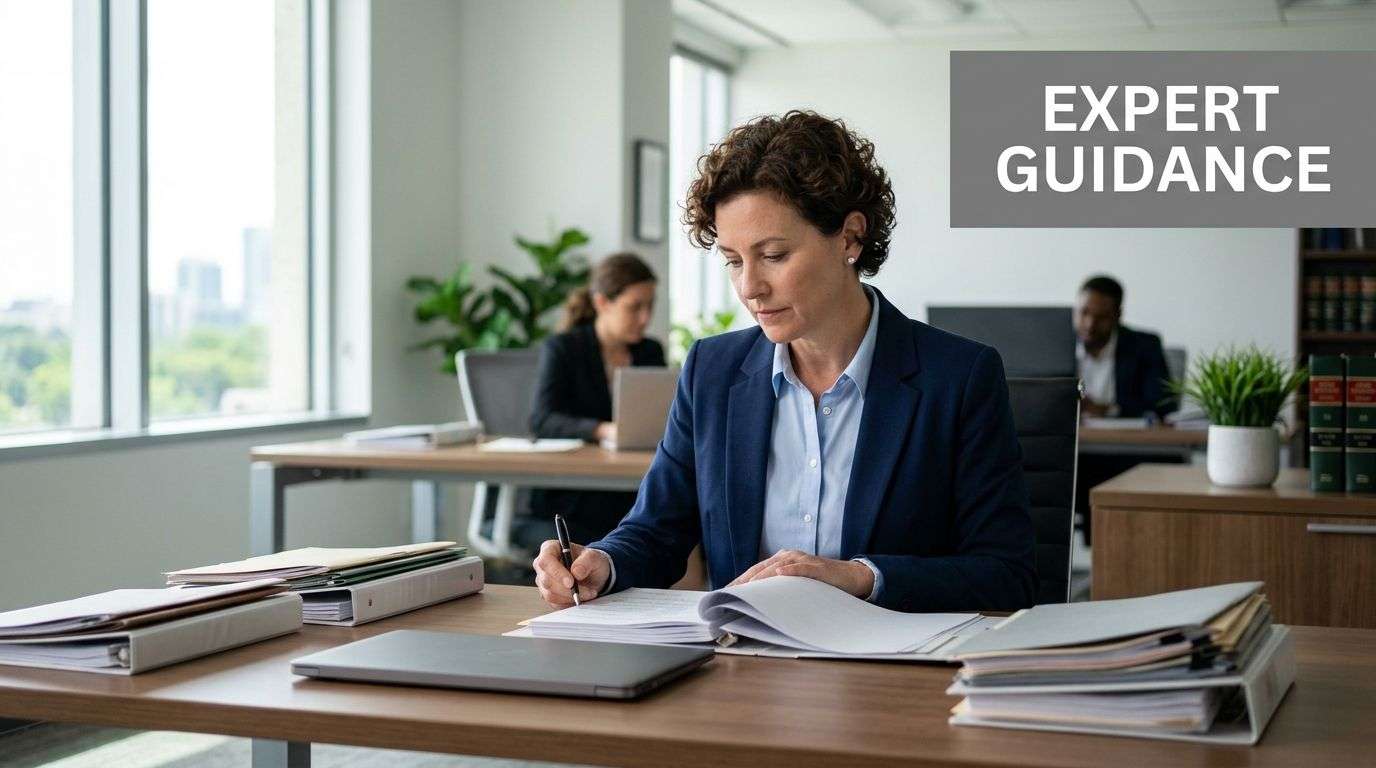 A professional woman in a suit reviewing legal documents at her office desk during a workday.