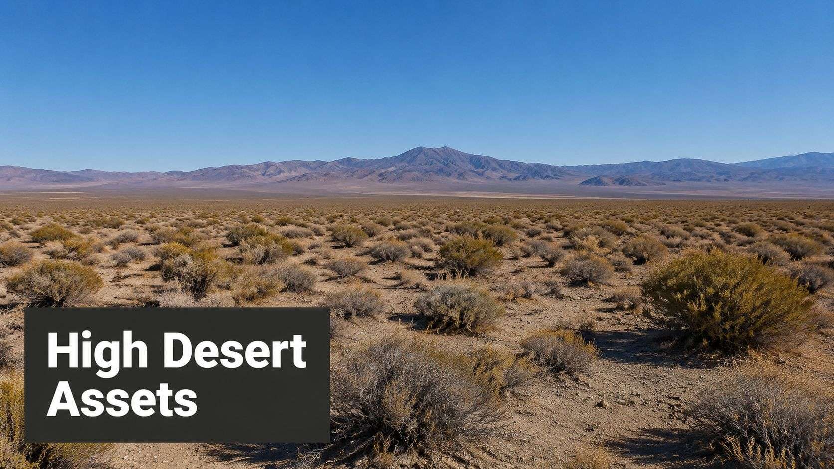 A wide, expansive view of a dry, high desert landscape with mountains under a clear blue sky.