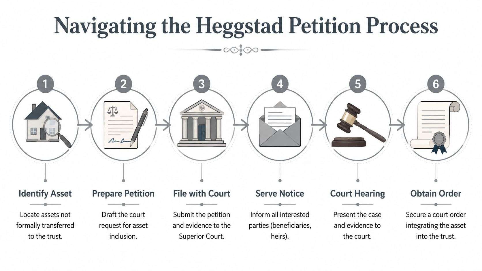 A six-step infographic illustrating the legal process for filing a Heggstad Petition to transfer assets into a trust.