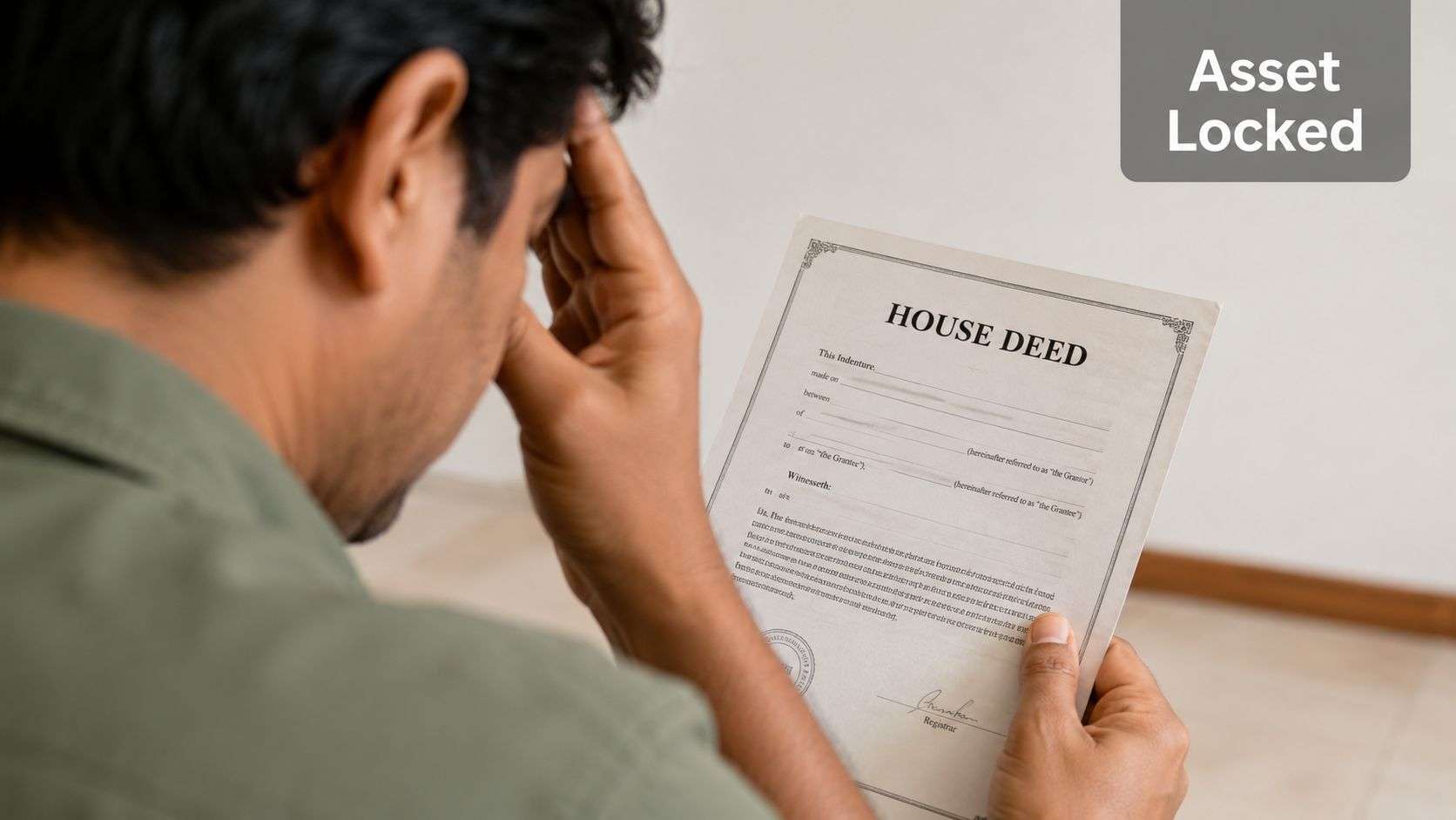 A man looking distressed while holding a house deed document, suggesting financial or legal property issues.