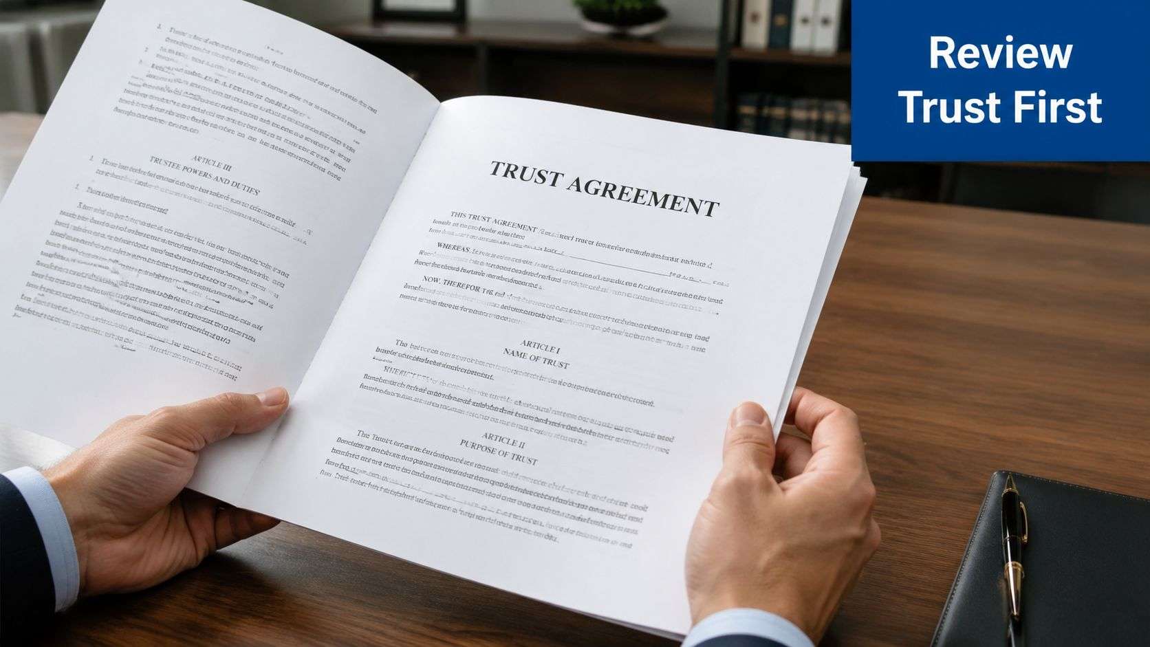 A professional holding and reviewing a legal trust agreement document on a wooden desk.