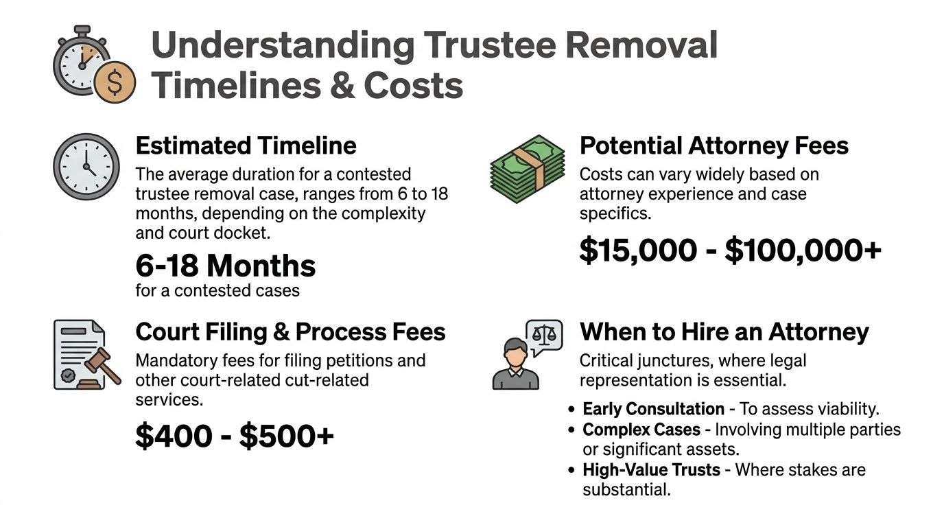 An infographic detailing the estimated timelines and potential legal costs involved in removing a trustee.