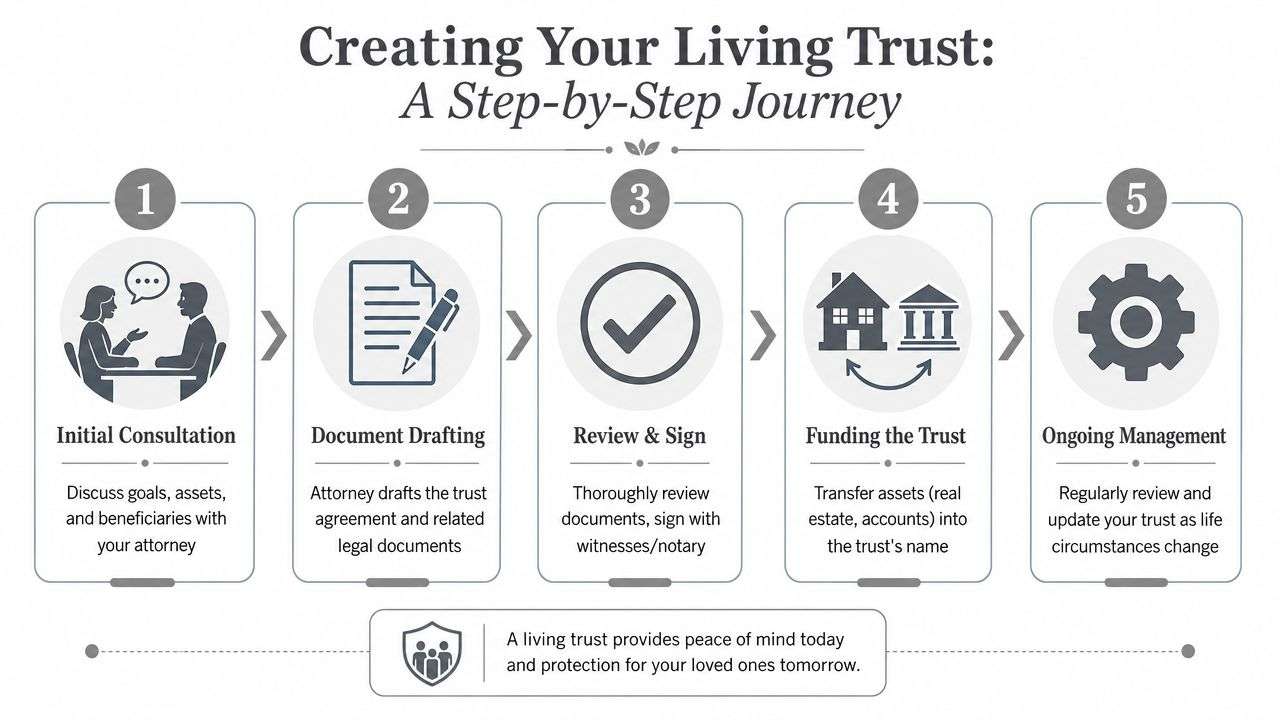 A five-step infographic illustrating the process of creating a living trust with an attorney.