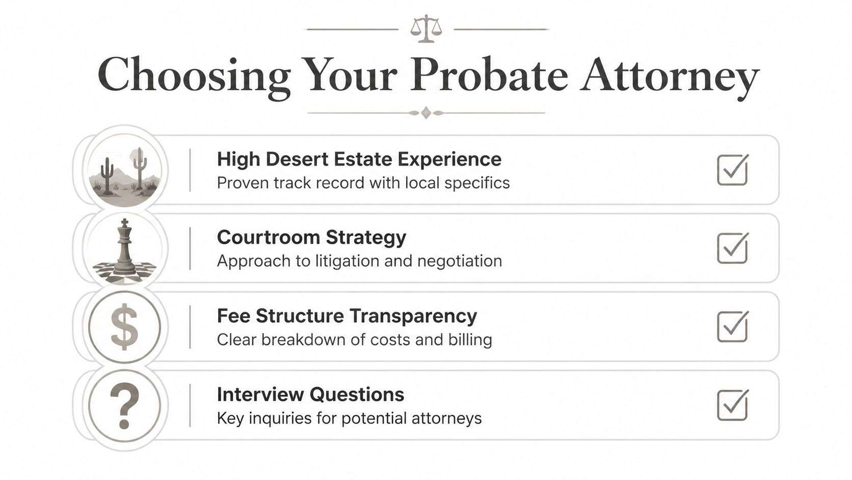 An infographic titled Choosing Your Probate Attorney listing key considerations like experience, strategy, fees, and interview questions.