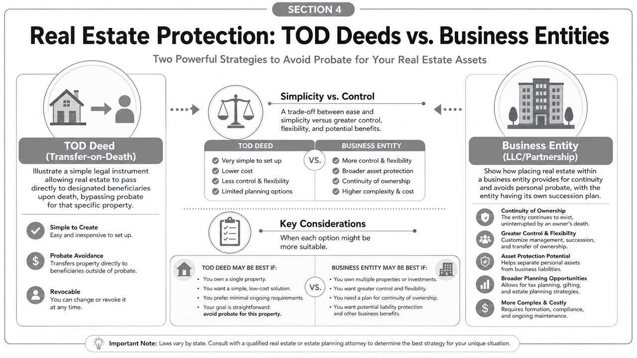 A comparison infographic between Transfer-on-Death deeds and Business Entities for real estate probate avoidance strategies.
