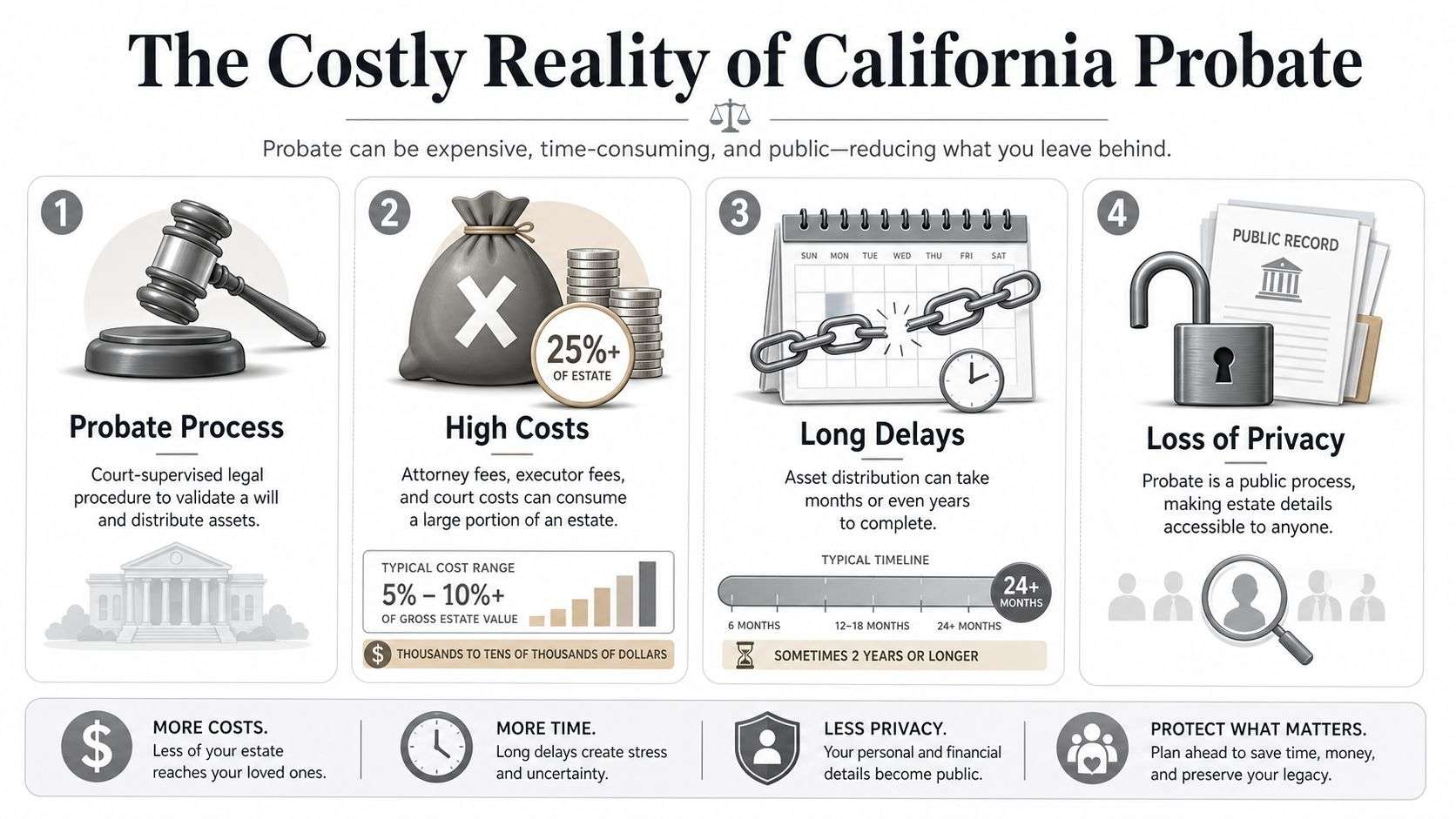 An infographic detailing the costly, time-consuming, and public nature of the California probate court process.