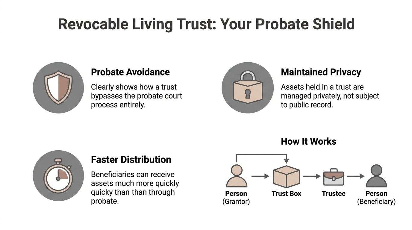 An infographic detailing the benefits of a revocable living trust, including probate avoidance, privacy, and faster asset distribution.