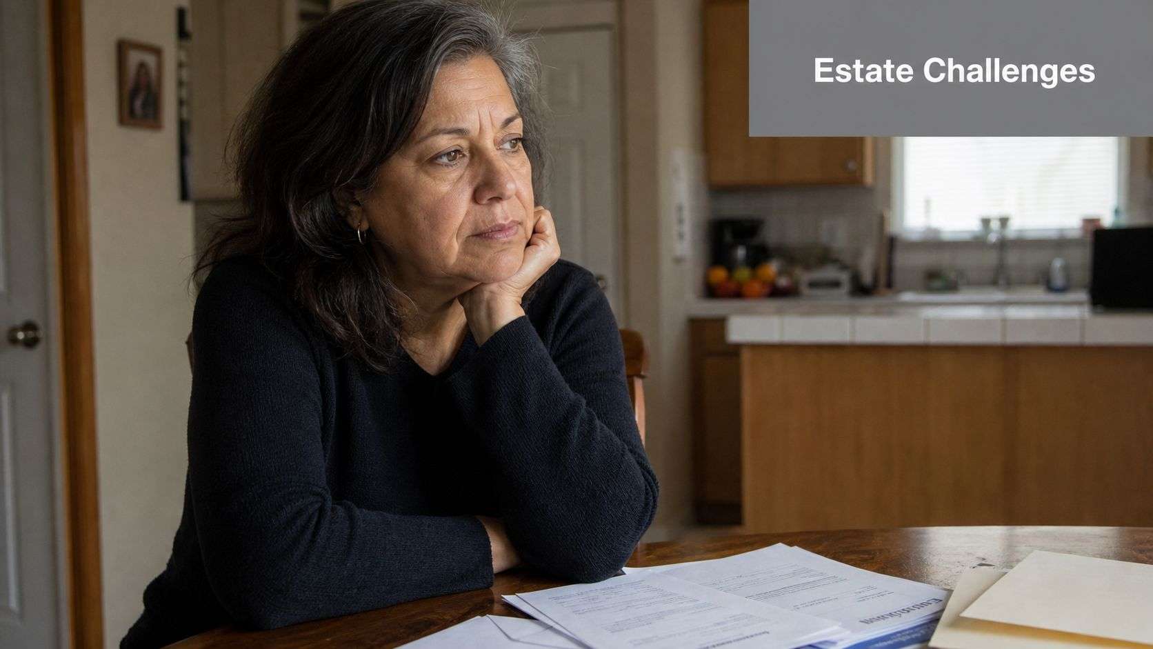 A concerned woman sitting at a table with legal documents while dealing with estate planning challenges.