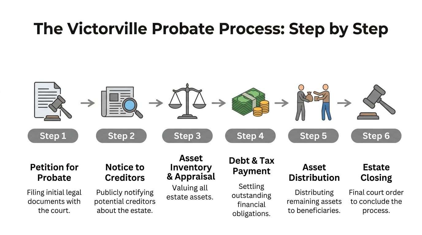 A six-step infographic illustrating the probate process in Victorville, from filing the petition to estate closing.