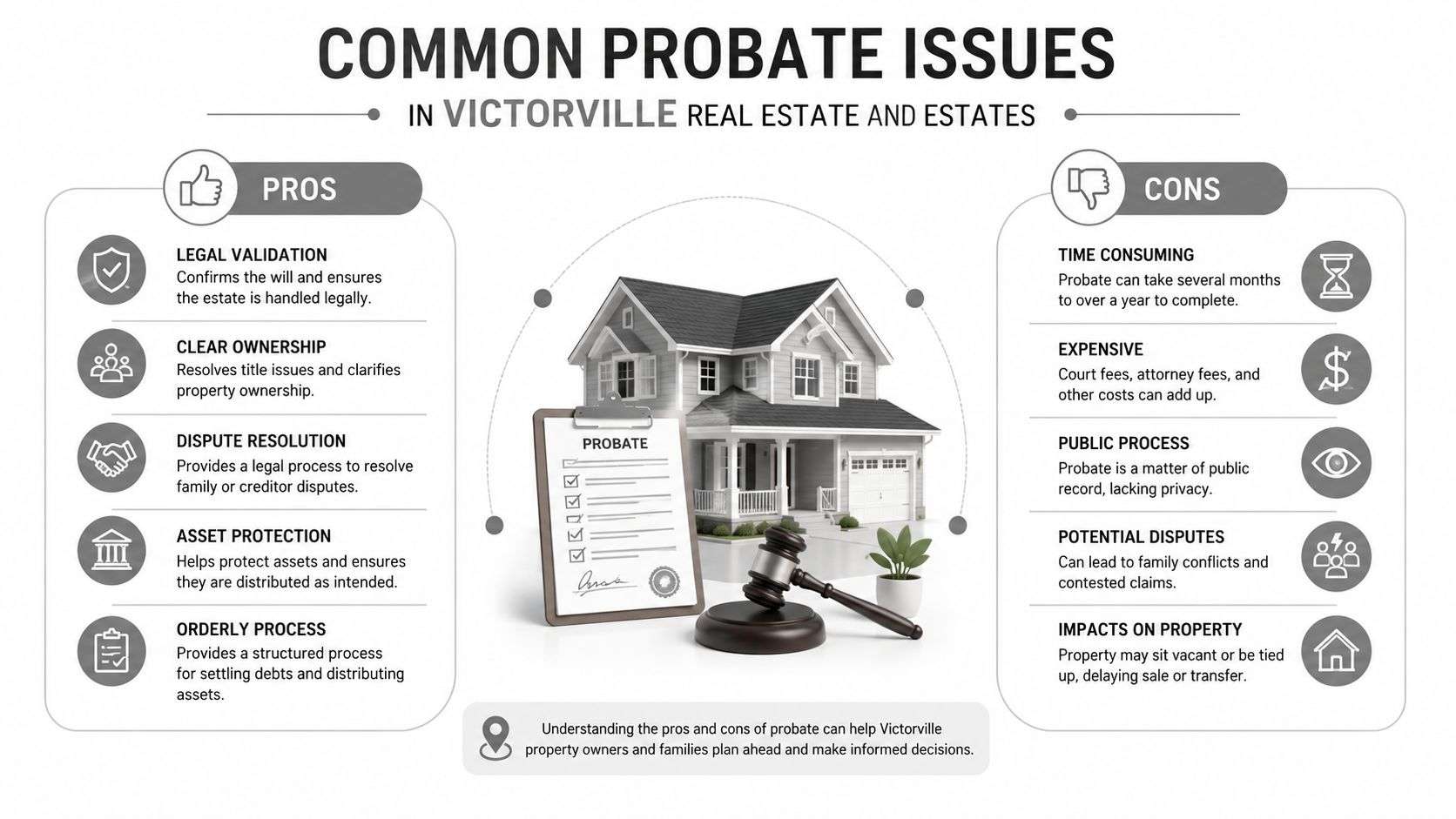 An infographic detailing the common pros and cons of the probate process for estates and real estate.