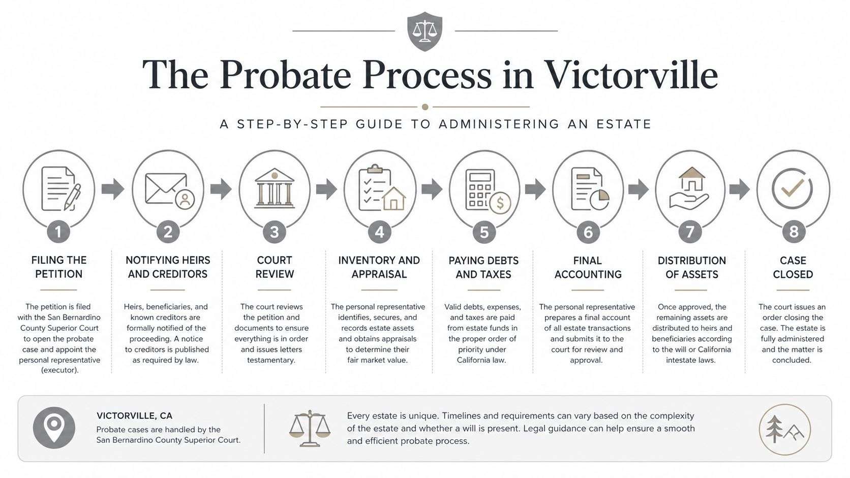 An infographic showing the eight-step legal process for administering an estate in Victorville, California.