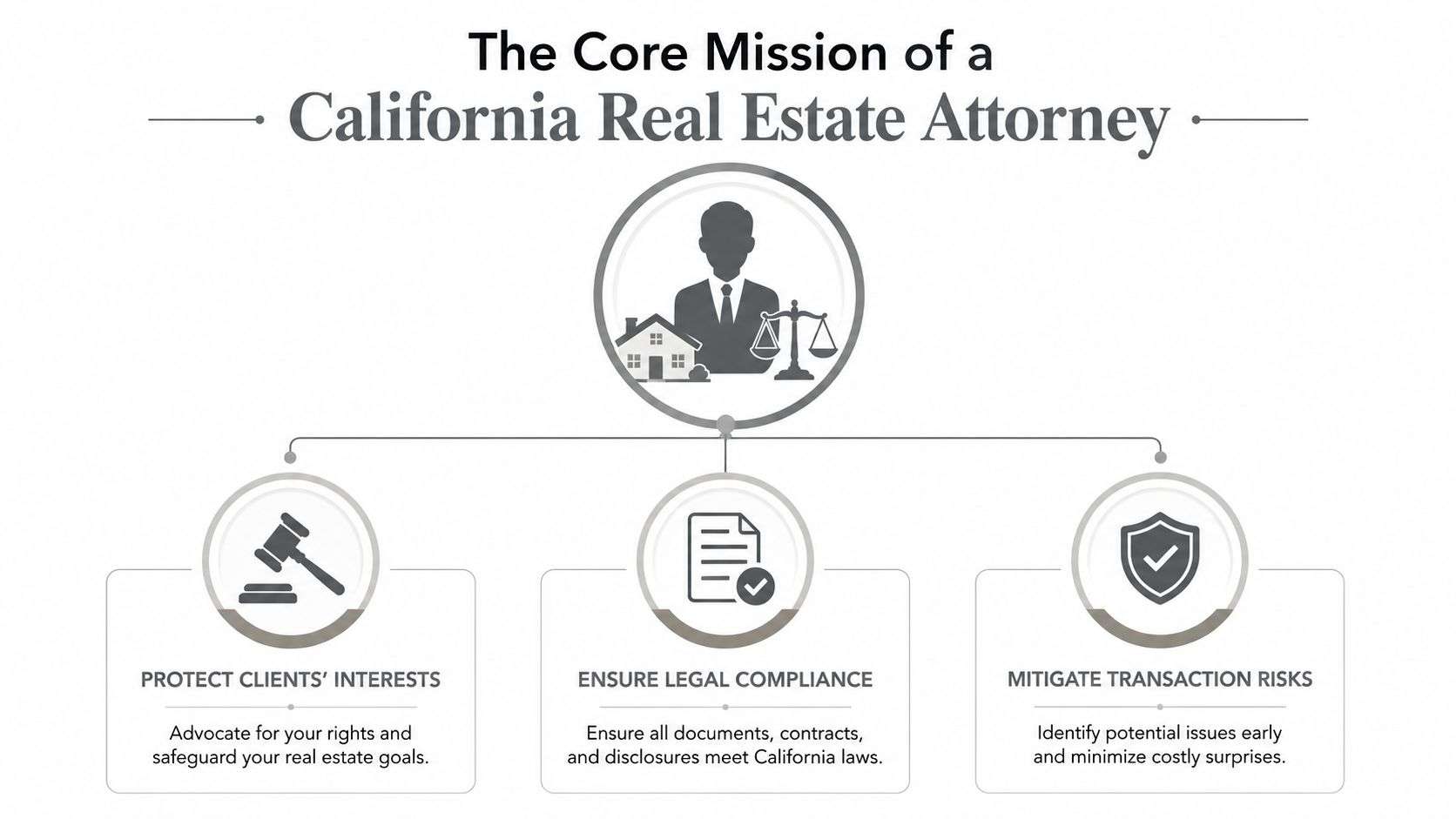 A diagram outlining the core mission of a California real estate attorney: protecting interests, ensuring compliance, and mitigating risks.