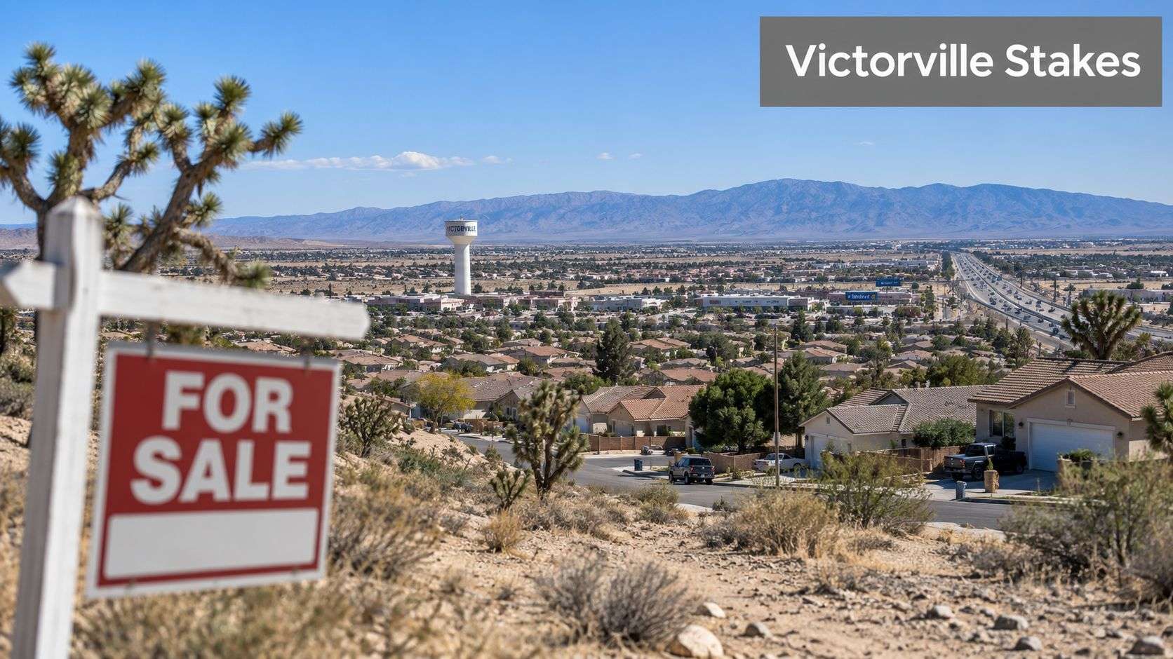 A view of the desert city Victorville with a for sale sign in the foreground.