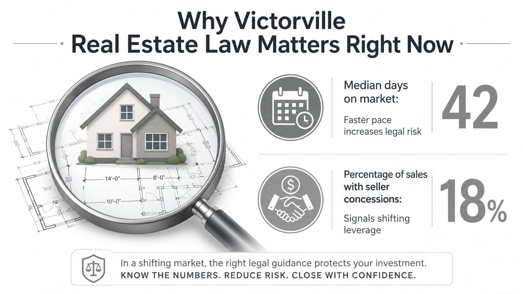 An infographic titled Why Victorville Real Estate Law Matters Right Now featuring housing market statistics.
