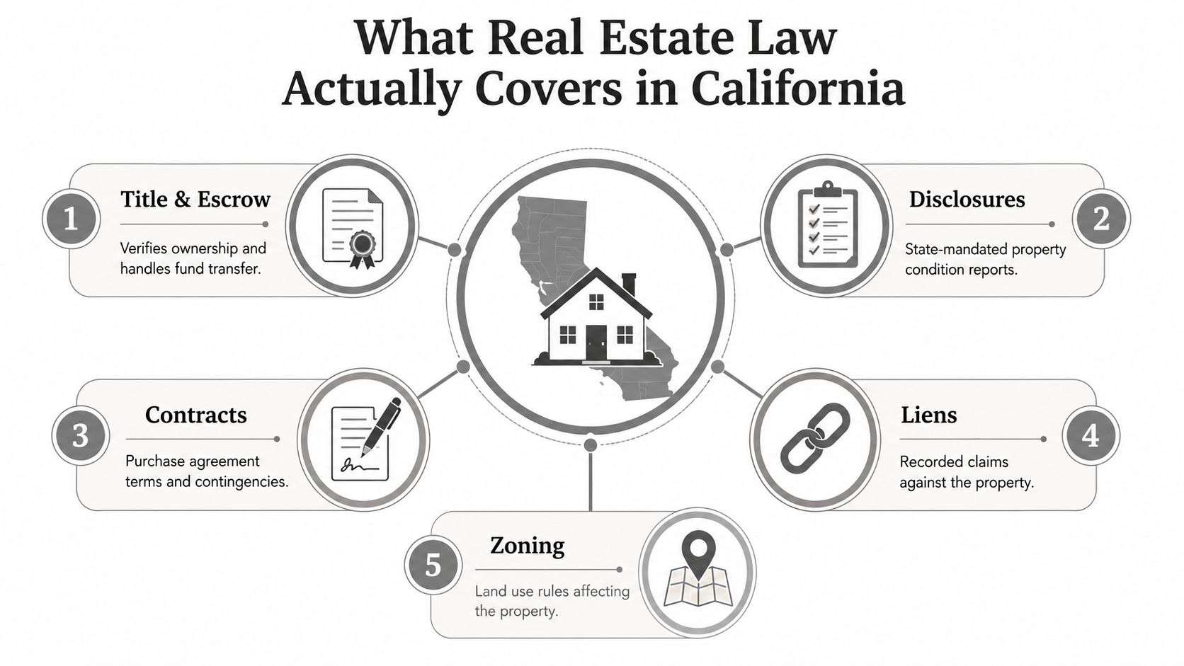 An infographic titled What Real Estate Law Actually Covers in California showing five key legal components.