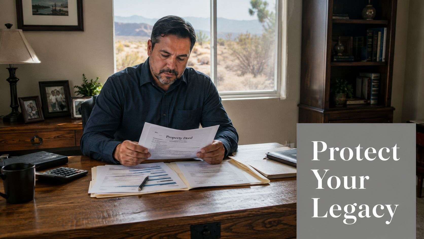 A focused man reviews important legal property deed documents at a wooden desk in a home office.