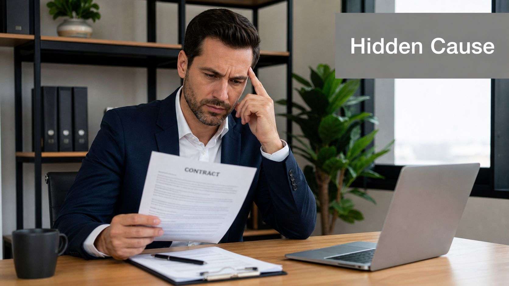 A concerned businessman analyzing a contract at his desk in a professional office environment.