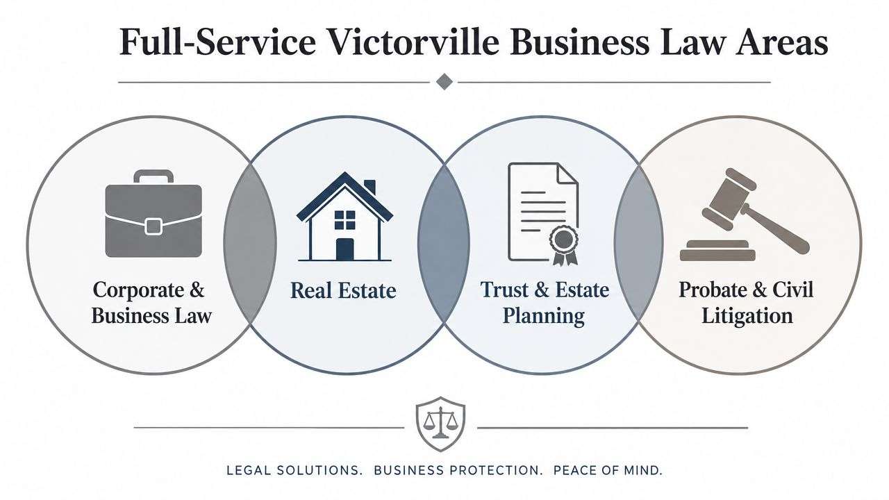 A diagram displaying legal services in Victorville including business law, real estate, estate planning, and civil litigation.