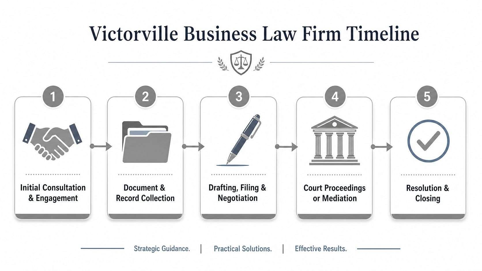 A flowchart showing the five steps of the Victorville Business Law Firm legal representation process.