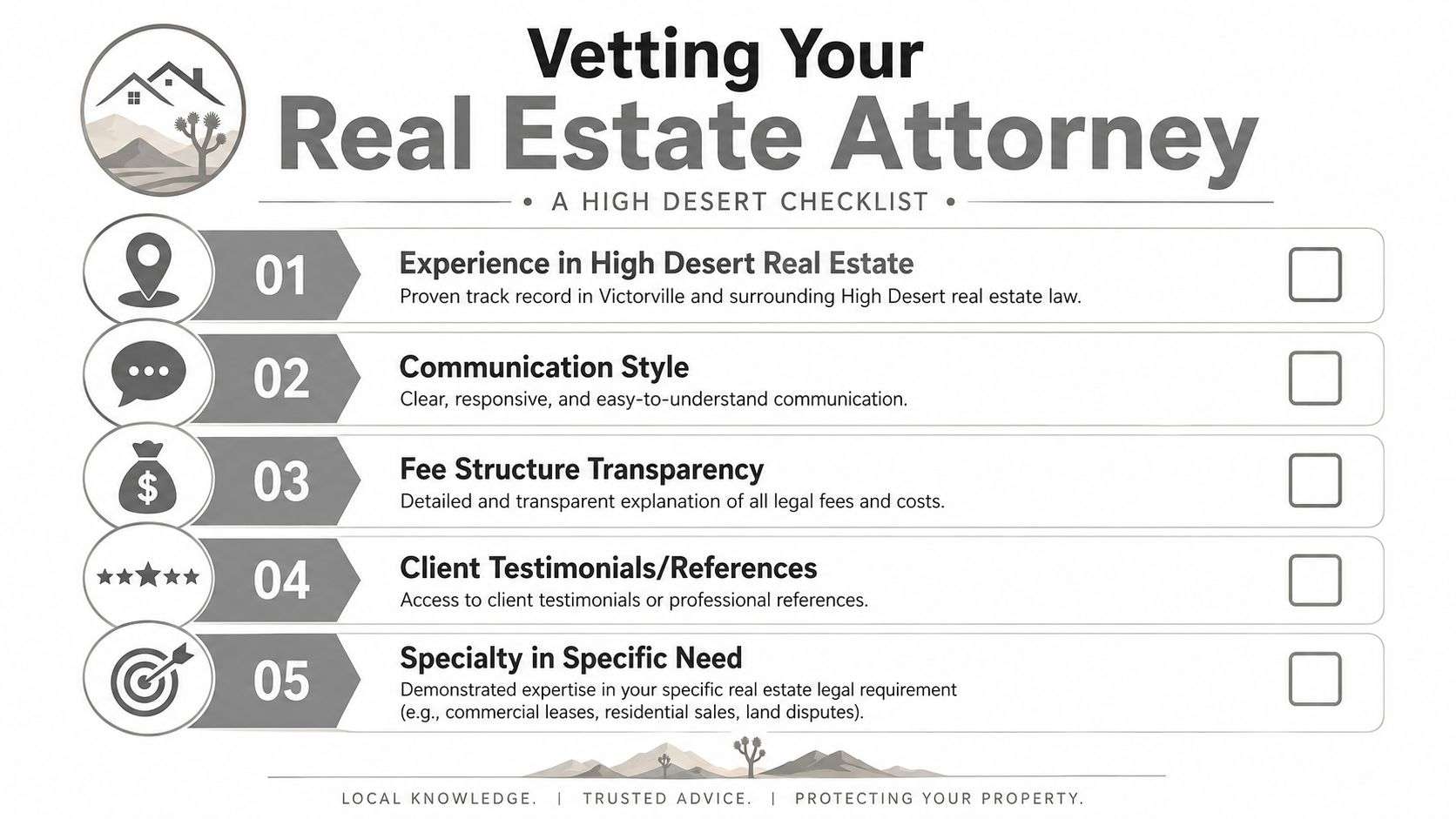 A checklist for vetting a real estate attorney in the Victorville and High Desert region.
