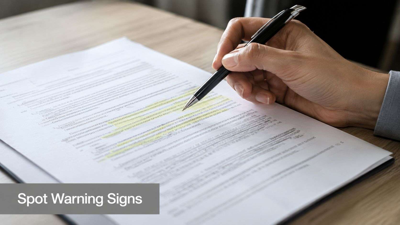 A person holding a black pen and reviewing a highlighted document on a desk
