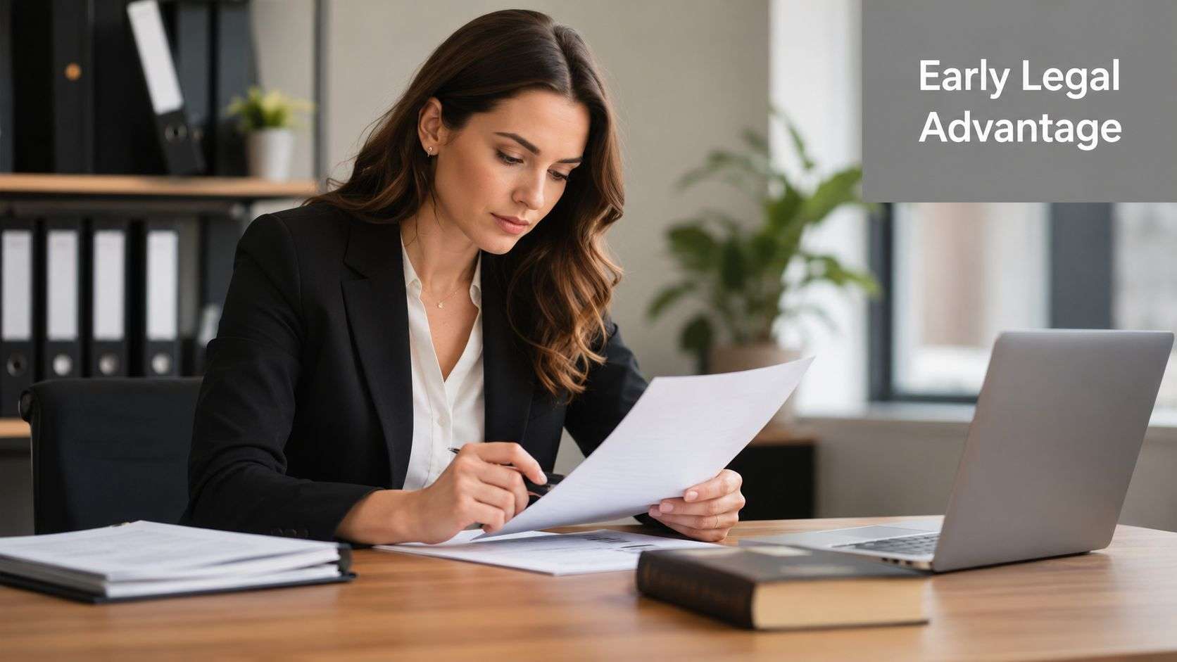 A professional female lawyer sitting at her desk reviewing legal documents in a modern office setting.