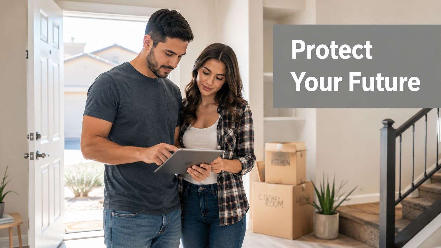 A young couple standing in their new home holding a tablet, planning for their future together.