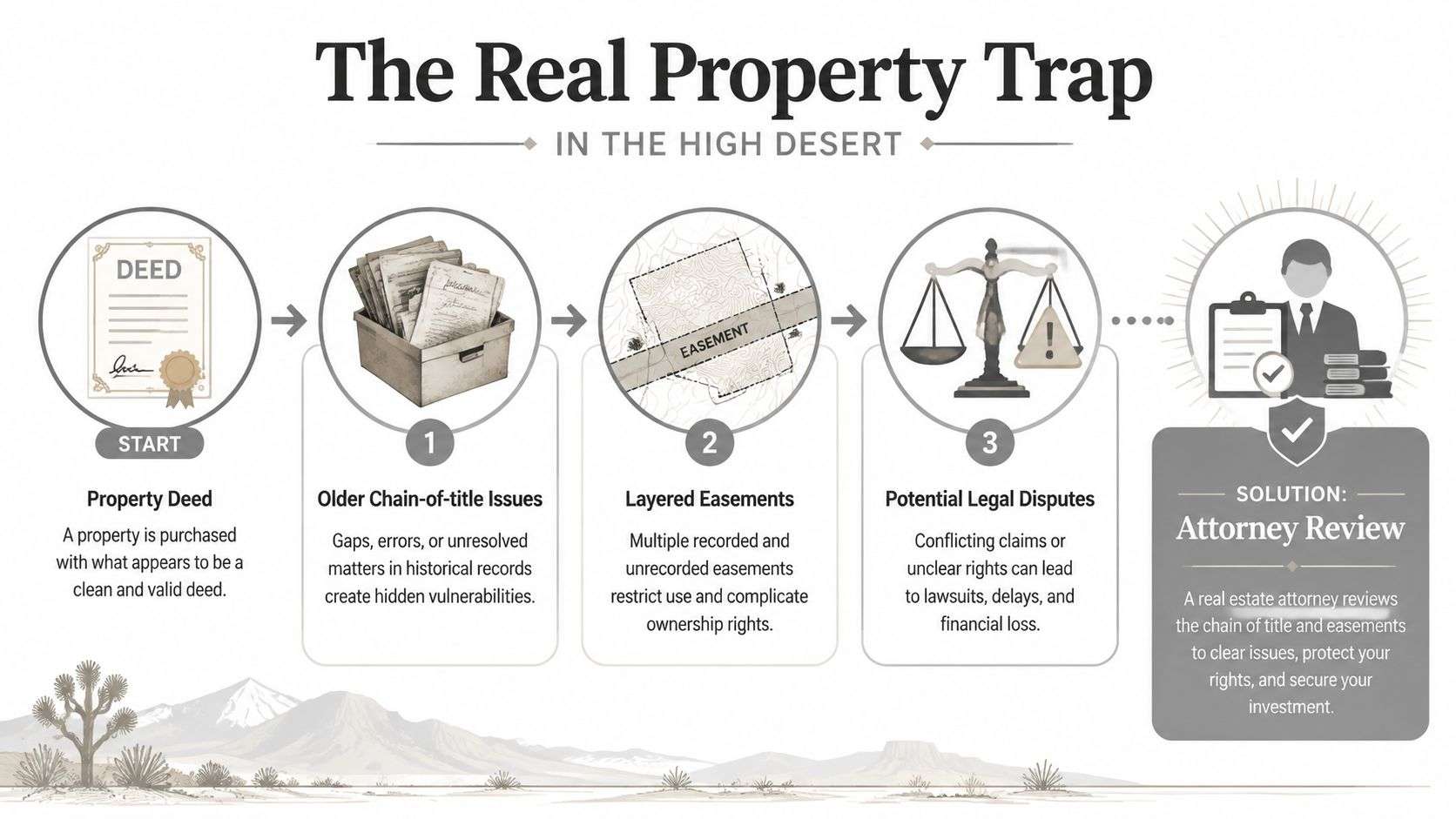 A flow chart titled The Real Property Trap in the High Desert explaining risks in property ownership.