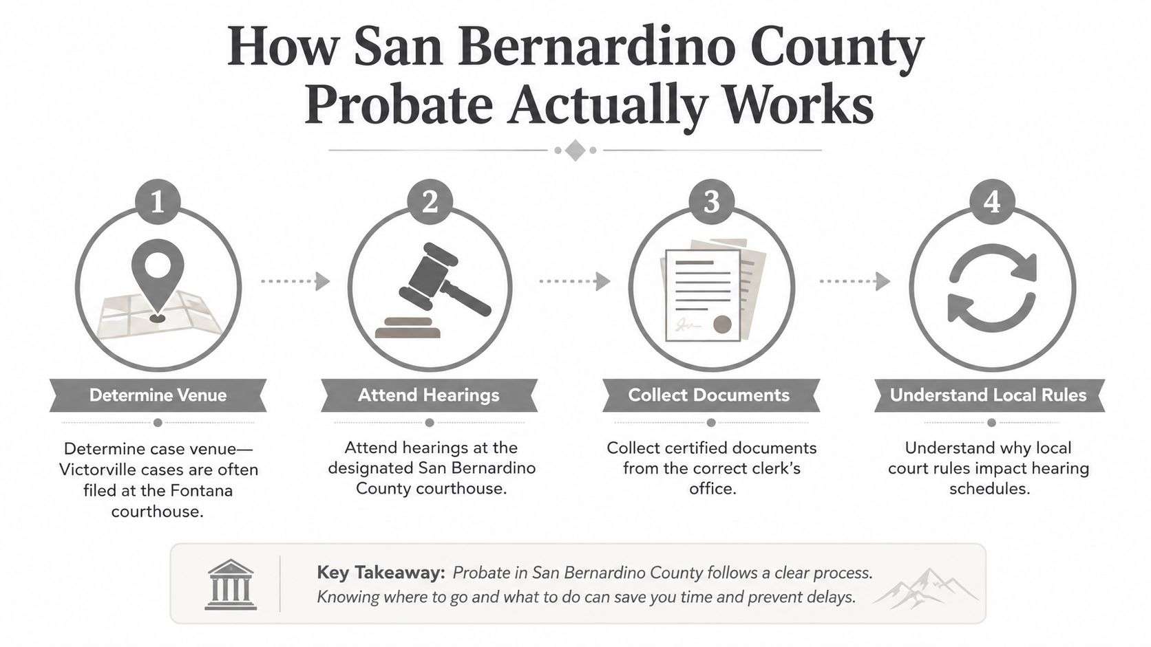 A four-step infographic illustrating the San Bernardino County probate process including venue determination and court hearing attendance.