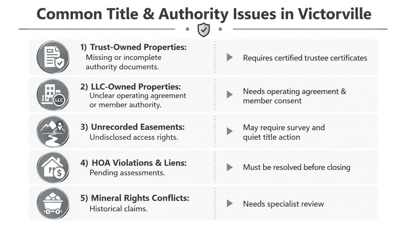 An infographic titled Common Title and Authority Issues in Victorville listing five common real estate property complications.