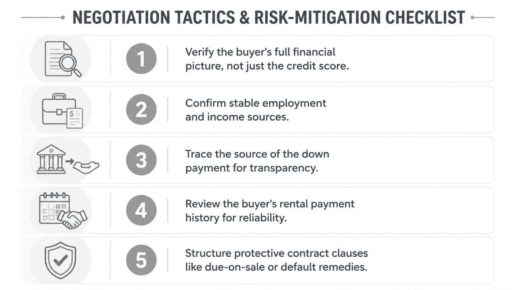 A five-step checklist illustrating negotiation tactics and risk mitigation strategies for seller financing in real estate.